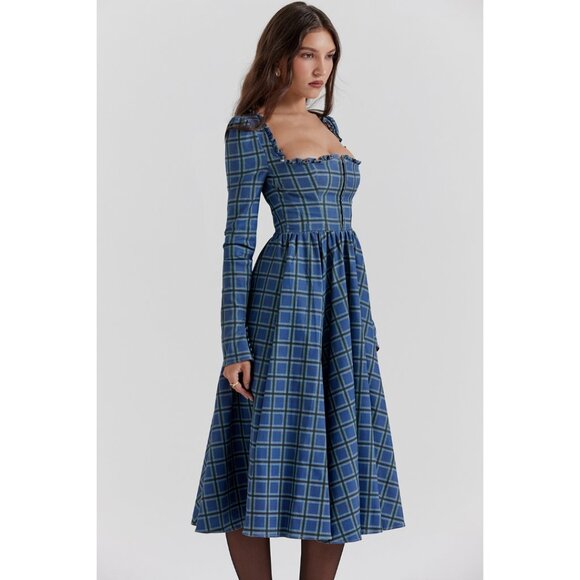 House of CB DELIA BLUE TARTAN MIDI DRESS NWOT size M Medium - Picture 3 of 10